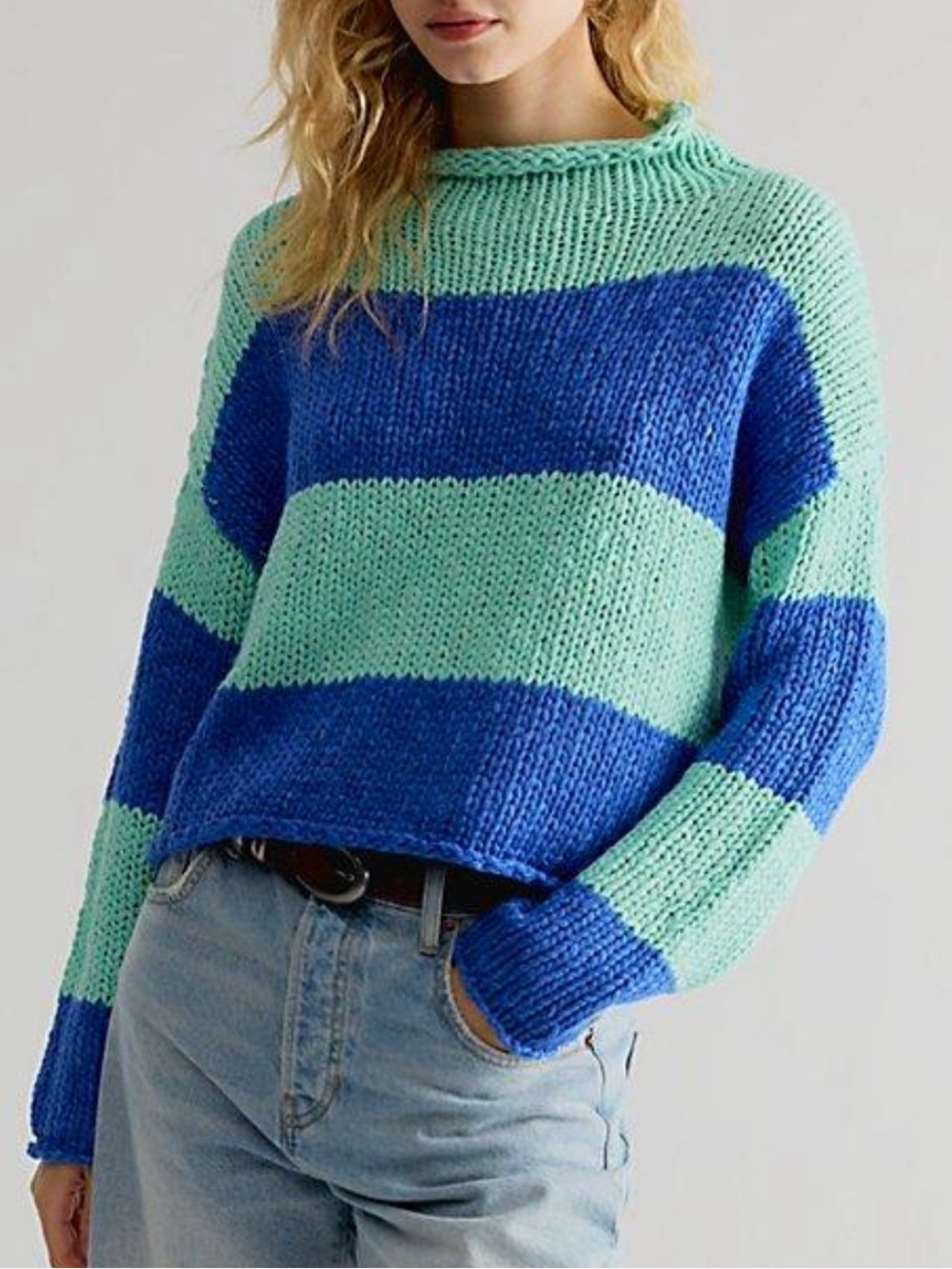 Free People Opal Rollneck Striped Sweater in Electric Blue